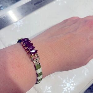 Cute green striped bracelet with purple gem closure